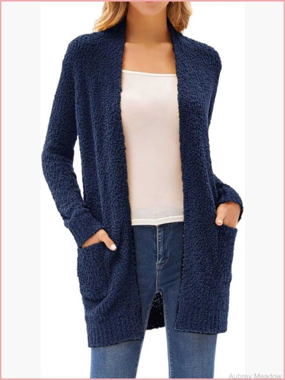 Long Fuzzy Fleece Cardigan, Open Front Chunky Knit Coat with Pockets, Warm